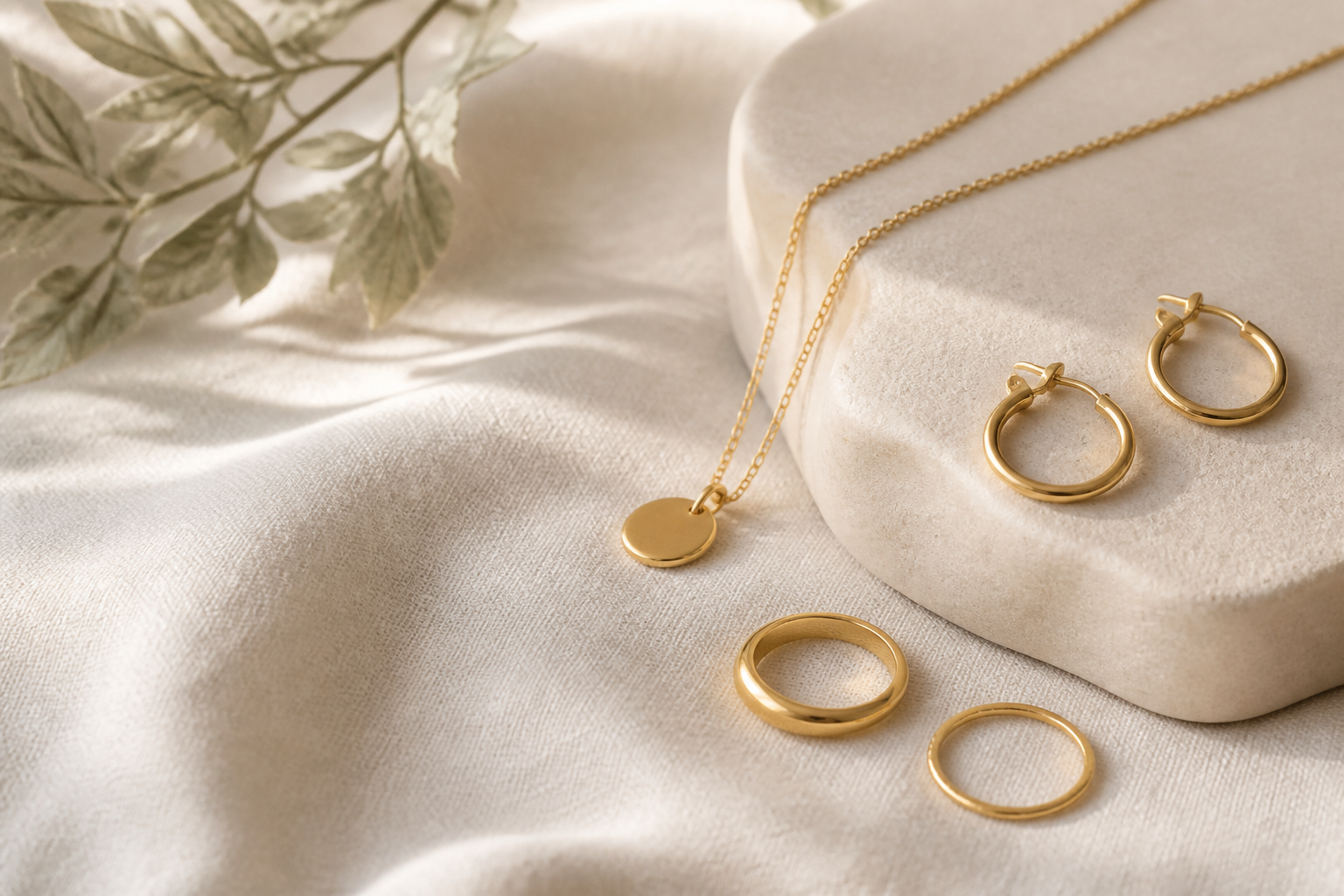 Gold heirloom jewelry styled on warm ivory linen