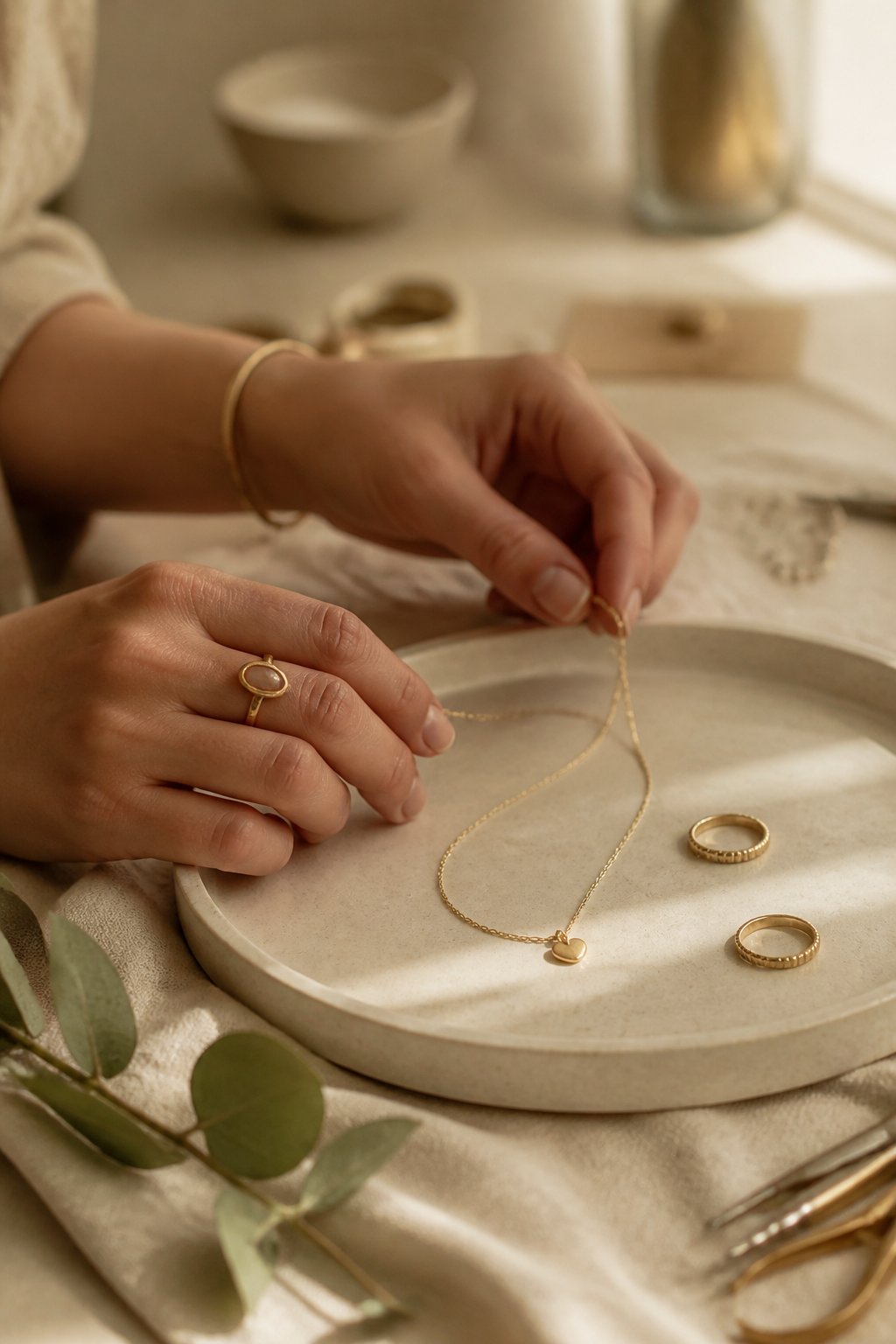 Jewelry artisan arranging gold pieces by hand