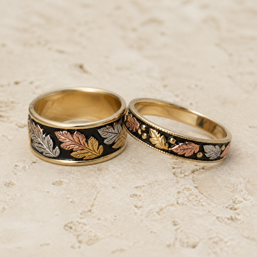 Vintage Leaf Enamel Ring Set